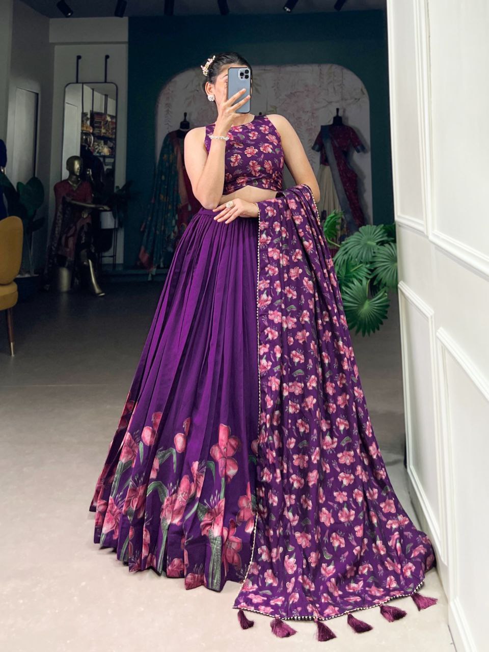 Tussar Silk Lehenga Choli with Floral & Foil Work | Elegant Party Wear