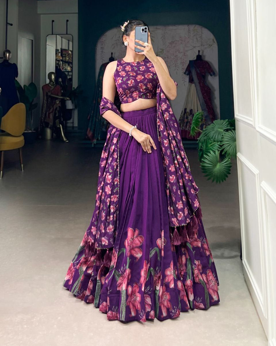 Tussar Silk Lehenga Choli with Floral & Foil Work | Elegant Party Wear