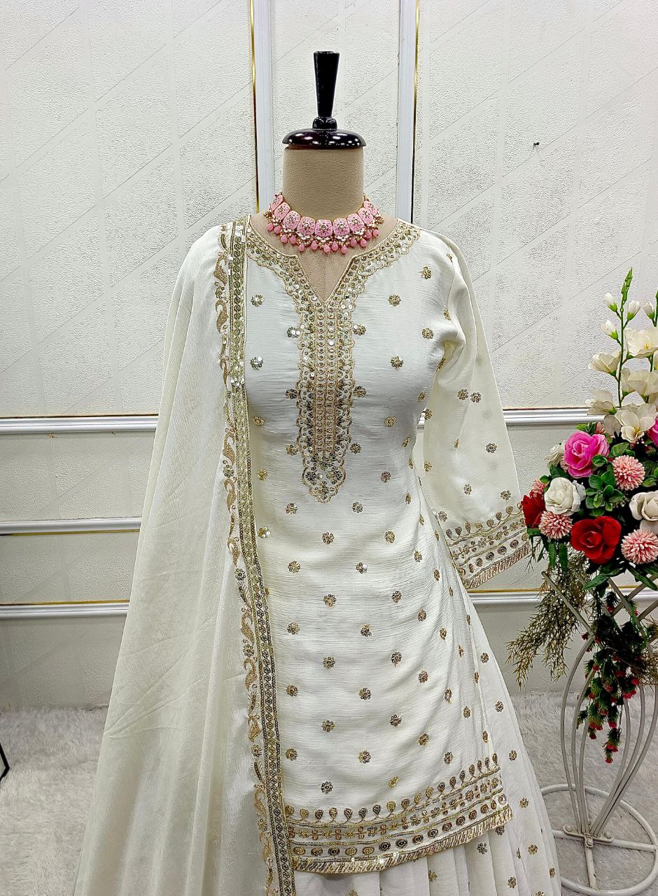 Party Wear Pure Cinon Silk Top-Lehenga Set with Embroidery and Ready to Wear Dupatta