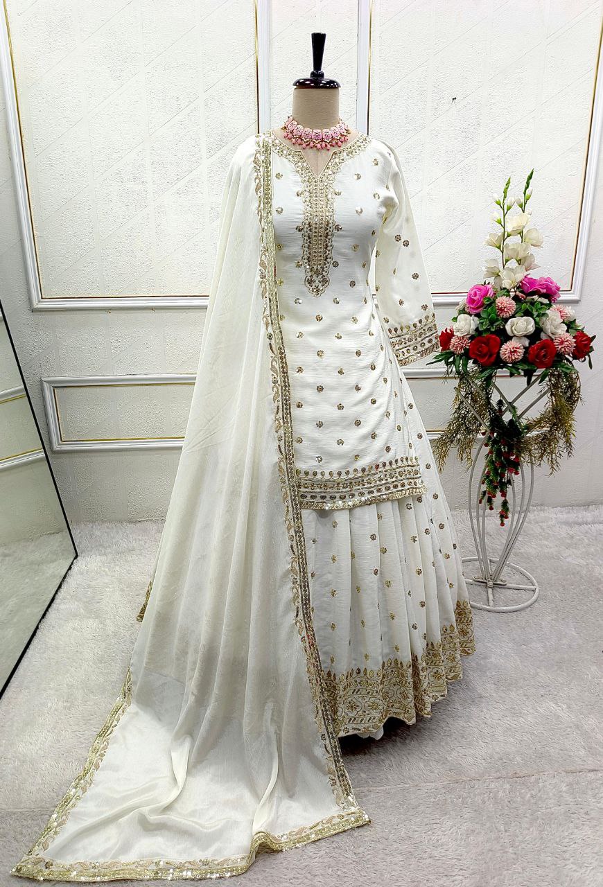 Party Wear Pure Cinon Silk Top-Lehenga Set with Embroidery and Ready to Wear Dupatta