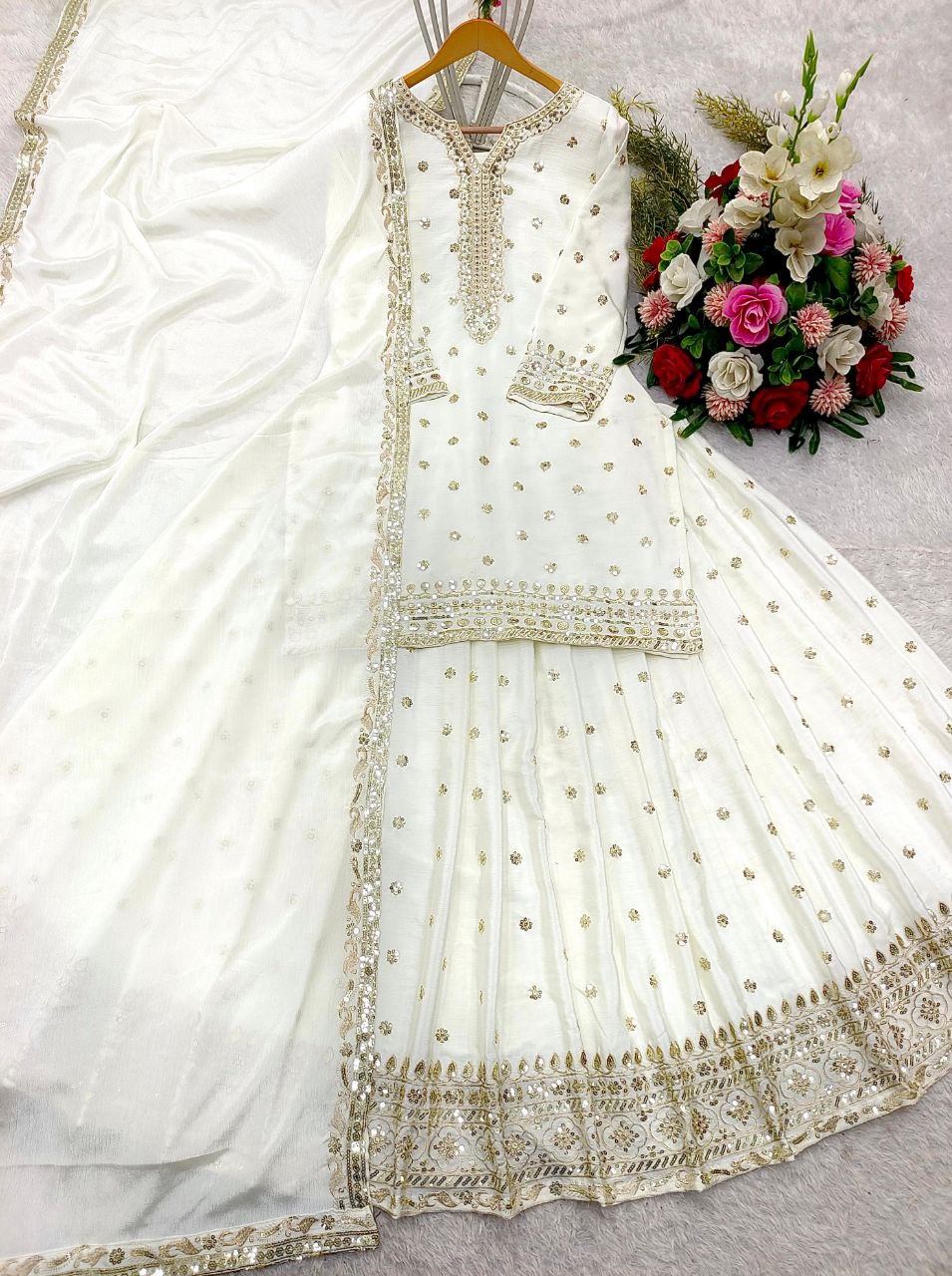 Party Wear Pure Cinon Silk Top-Lehenga Set with Embroidery and Ready to Wear Dupatta
