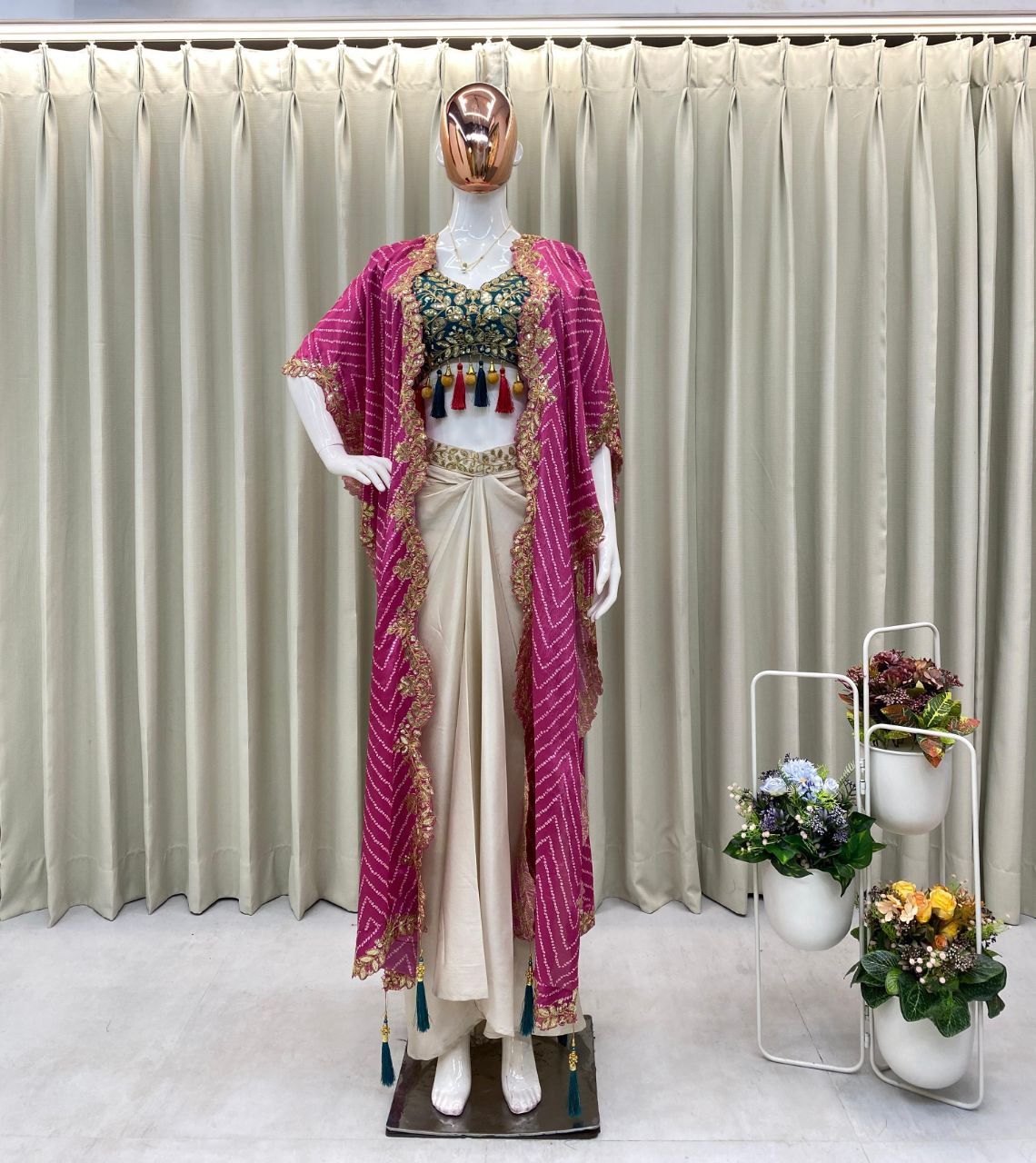 Party Wear Trendy Three-Piece Western Wedding Outfit with Sequence Embroidery and Shrug