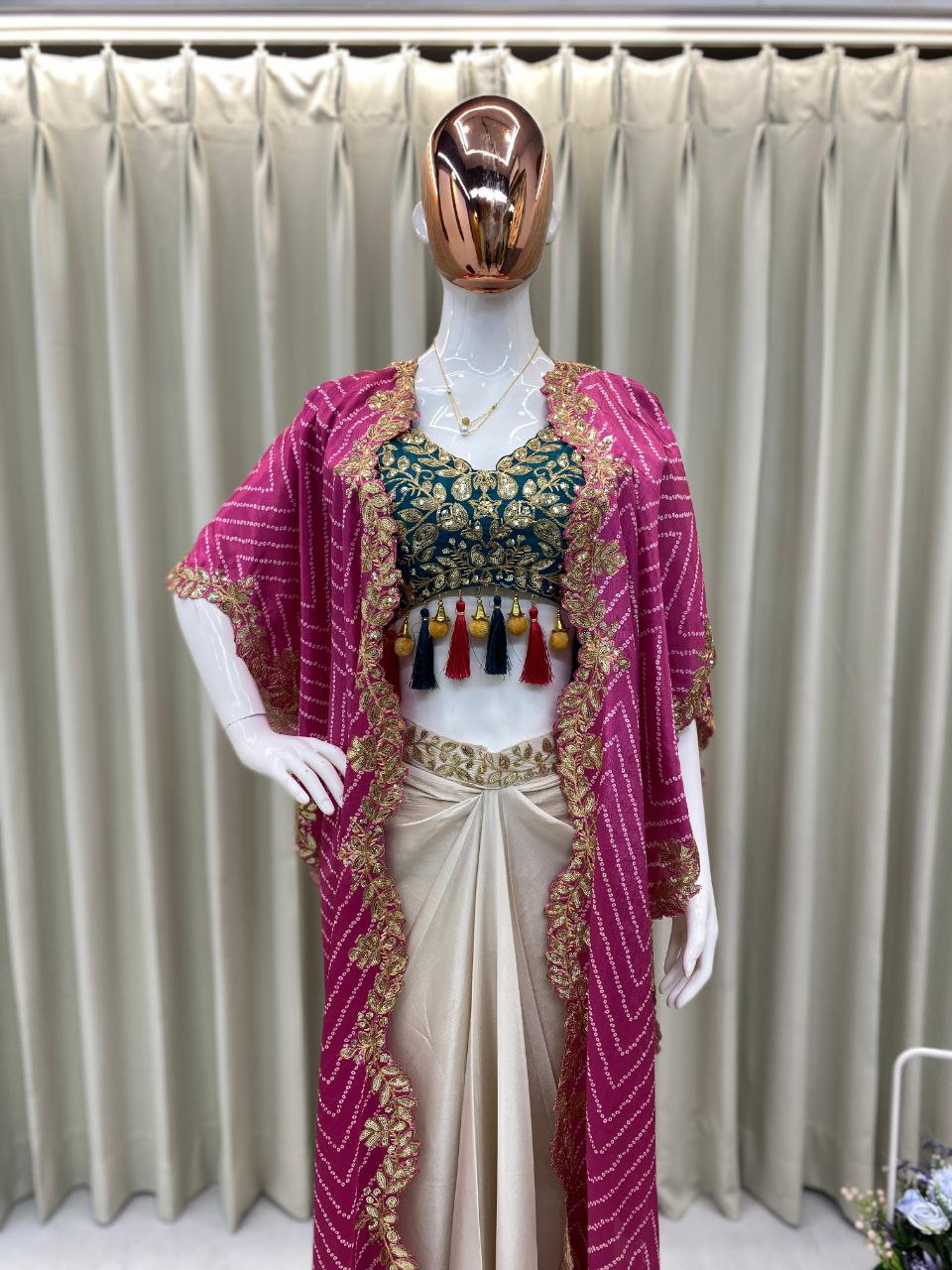 Party Wear Trendy Three-Piece Western Wedding Outfit with Sequence Embroidery and Shrug