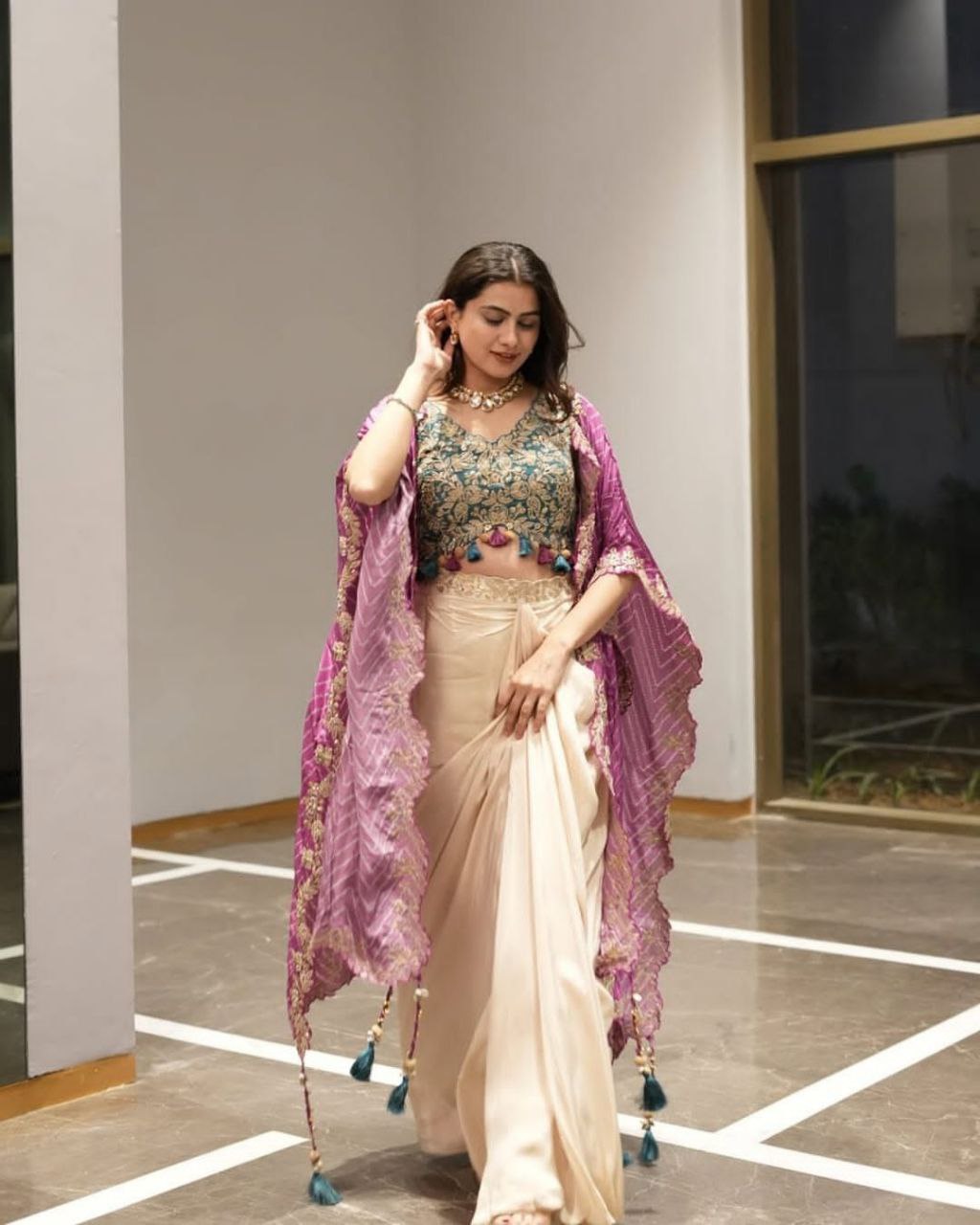 Party Wear Trendy Three-Piece Western Wedding Outfit with Sequence Embroidery and Shrug