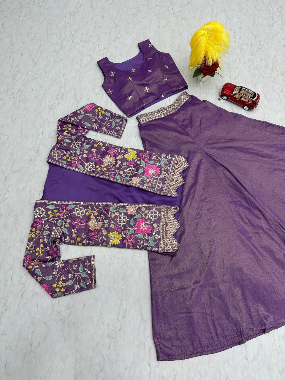Designer Embroidered Palazzo Set with Shrug in Purple & Pink