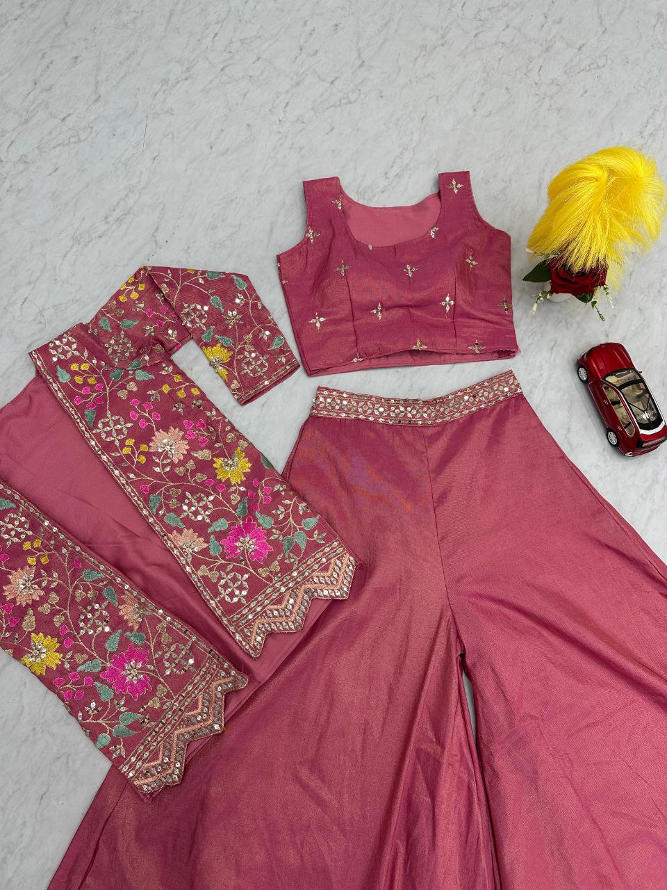 Designer Embroidered Palazzo Set with Shrug in Purple & Pink