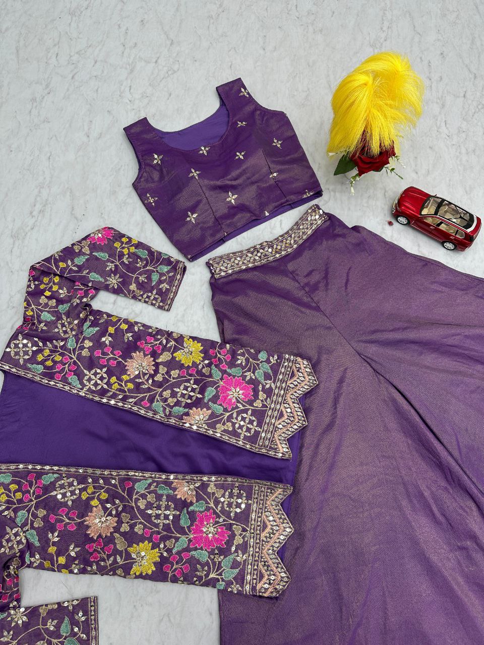 Designer Embroidered Palazzo Set with Shrug in Purple & Pink