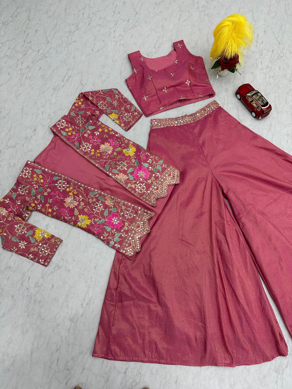 Designer Embroidered Palazzo Set with Shrug in Purple & Pink