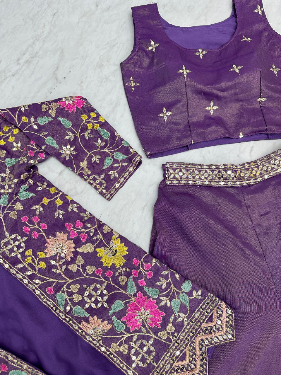 Designer Embroidered Palazzo Set with Shrug in Purple & Pink