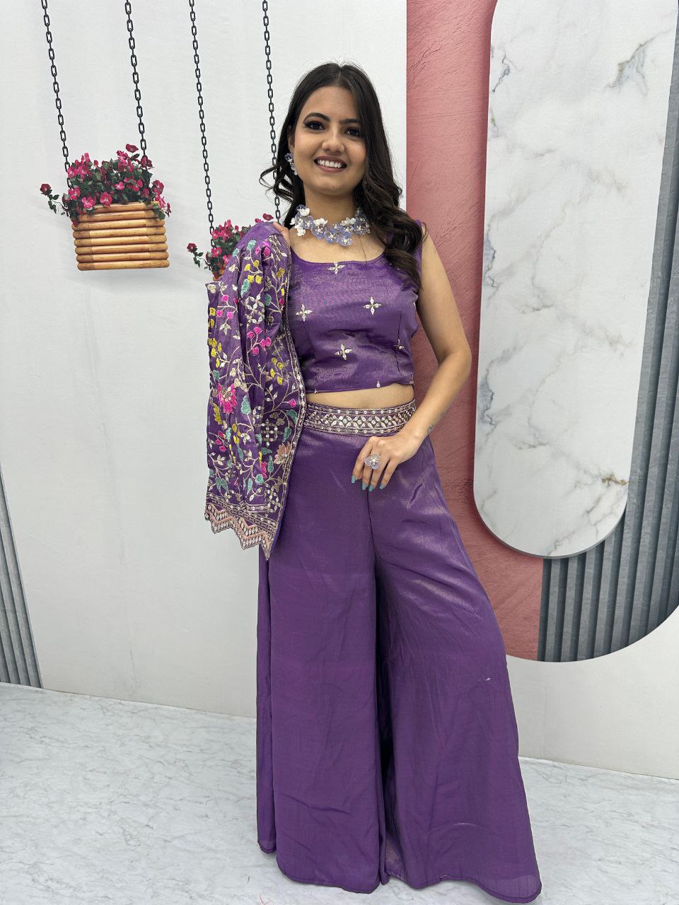 Designer Embroidered Palazzo Set with Shrug in Purple & Pink