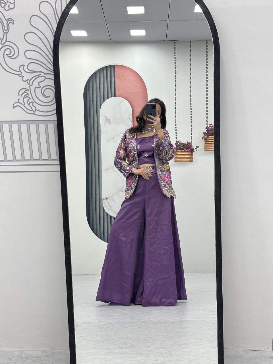 Designer Embroidered Palazzo Set with Shrug in Purple & Pink
