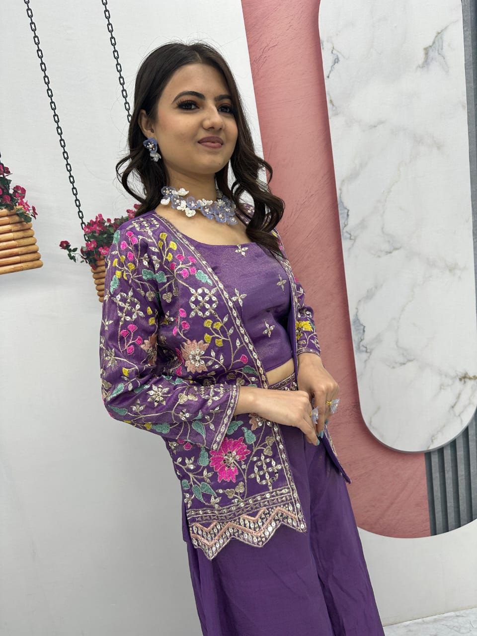 Designer Embroidered Palazzo Set with Shrug in Purple & Pink