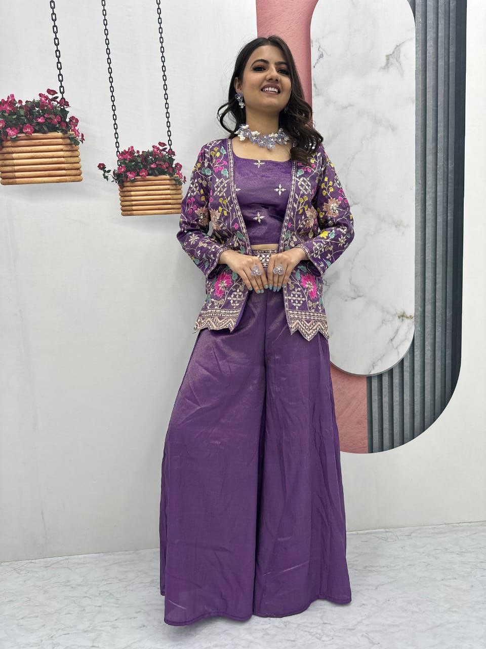 Designer Embroidered Palazzo Set with Shrug in Purple & Pink