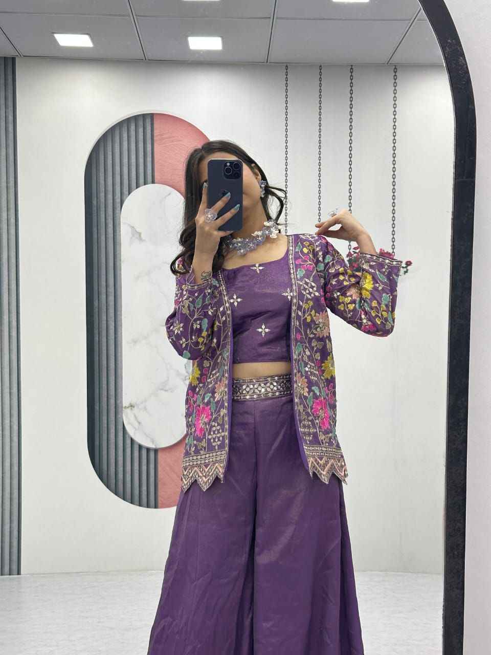 Designer Embroidered Palazzo Set with Shrug in Purple & Pink