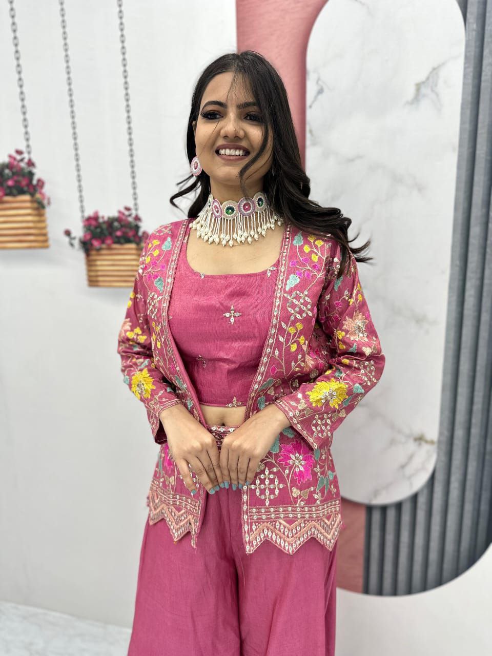 Designer Embroidered Palazzo Set with Shrug in Purple & Pink