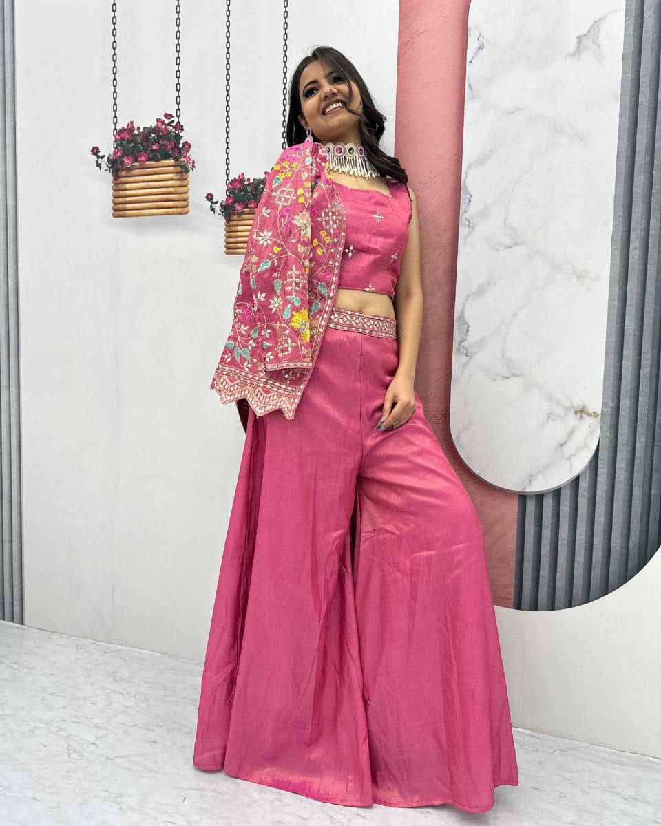 Designer Embroidered Palazzo Set with Shrug in Purple & Pink