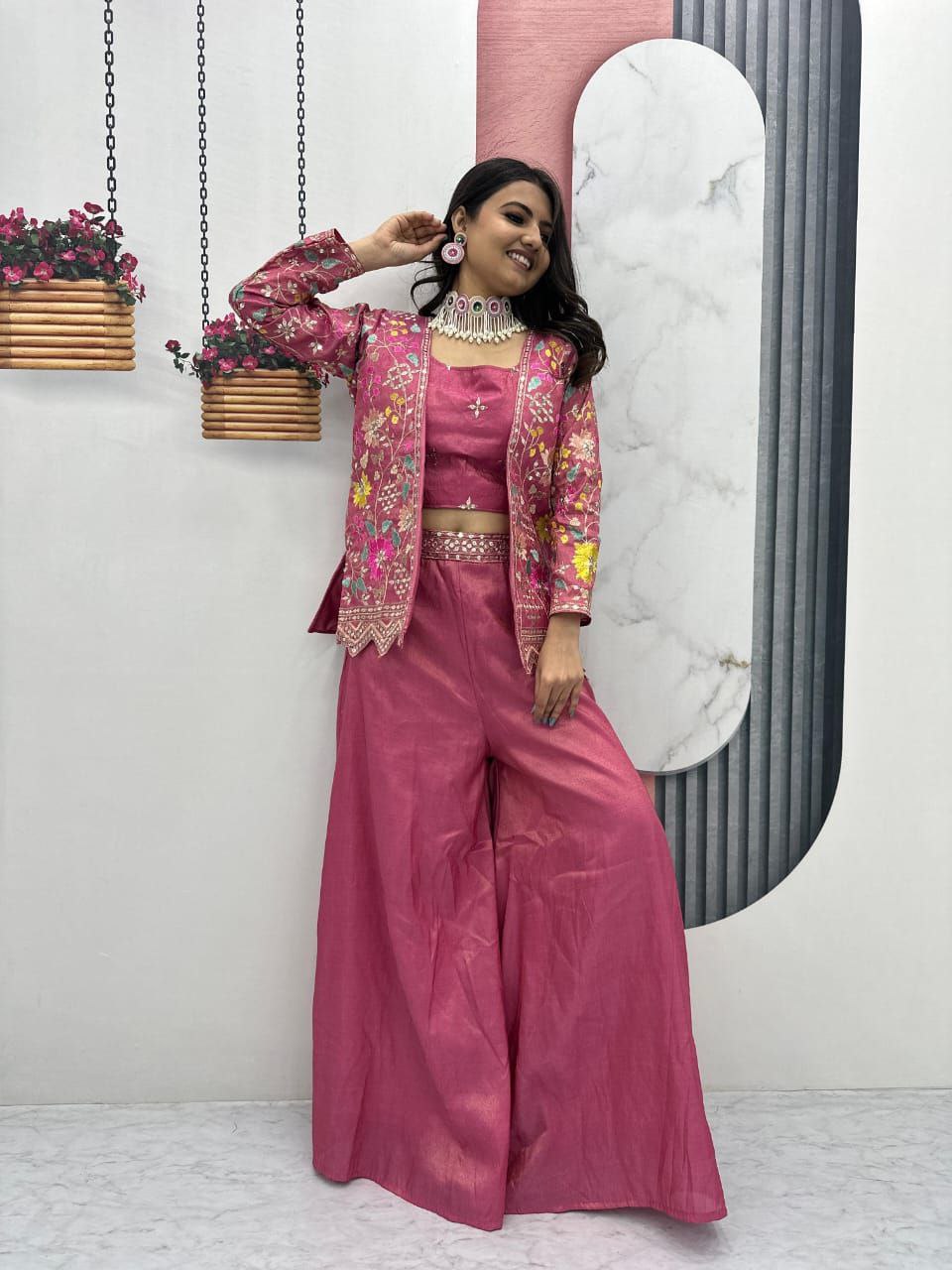 Designer Embroidered Palazzo Set with Shrug in Purple & Pink