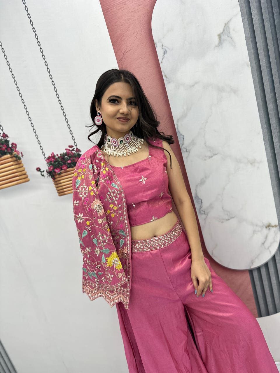 Designer Embroidered Palazzo Set with Shrug in Purple & Pink