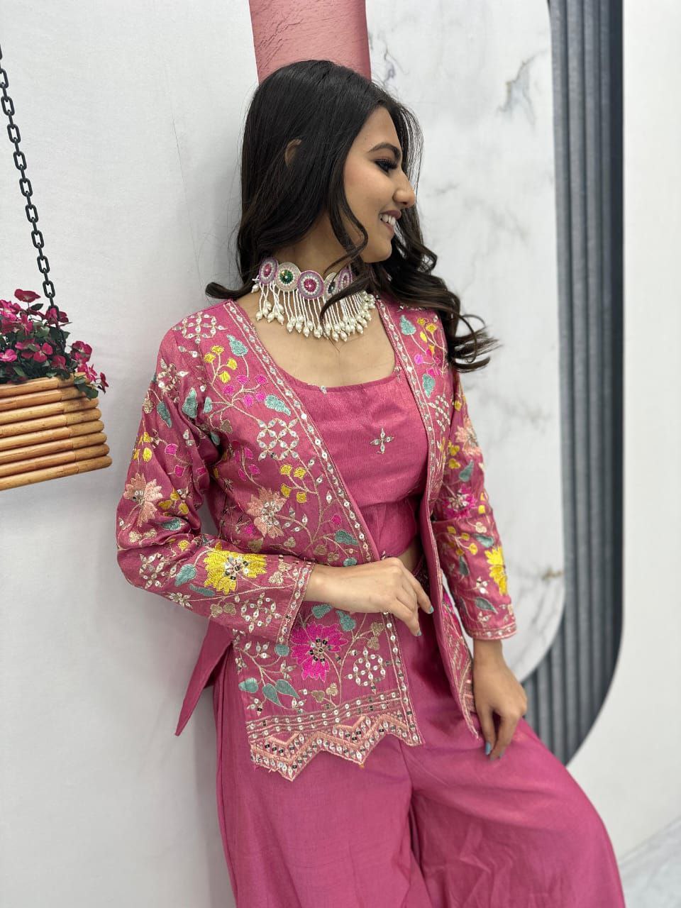 Designer Embroidered Palazzo Set with Shrug in Purple & Pink