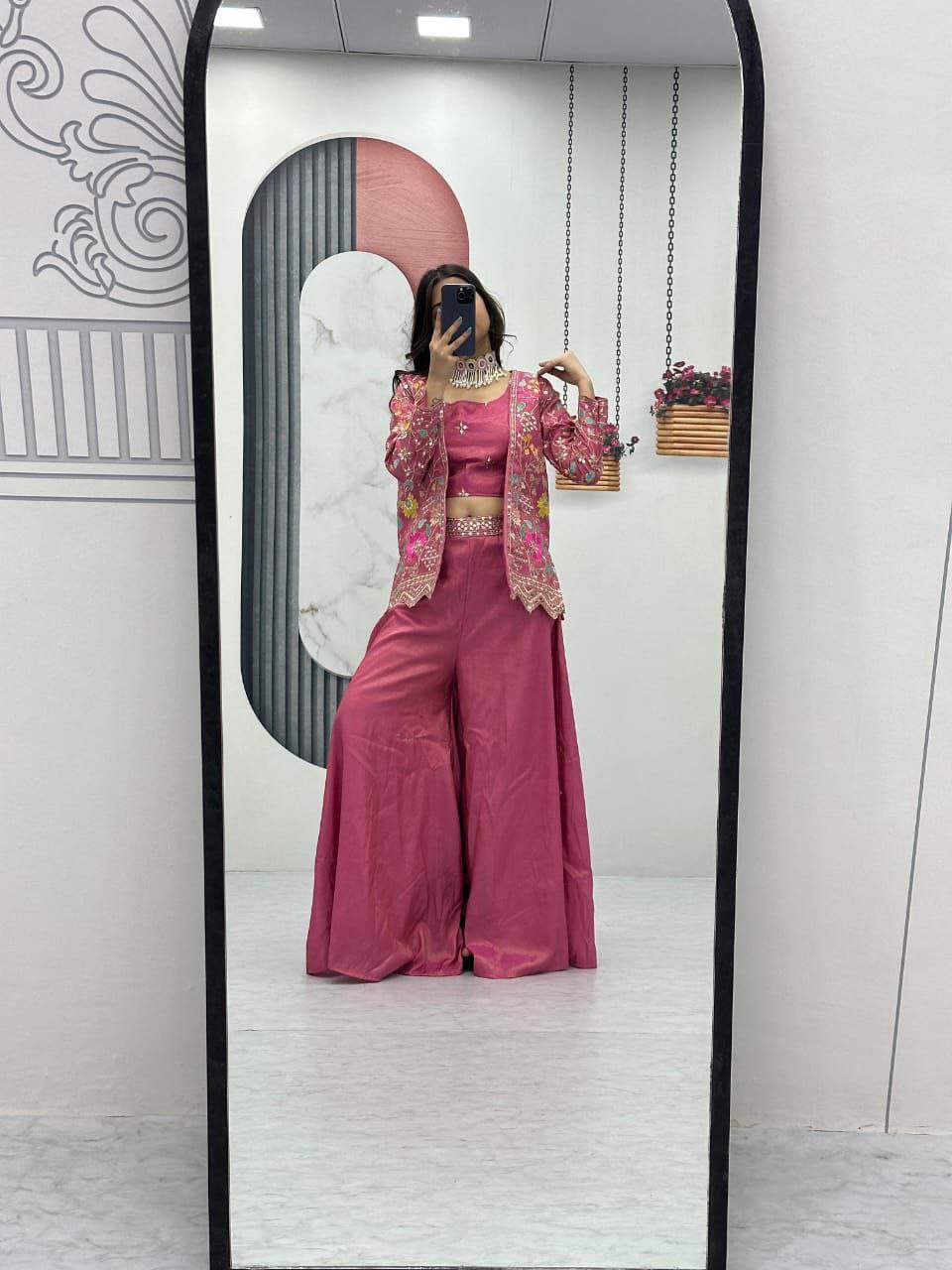 Designer Embroidered Palazzo Set with Shrug in Purple & Pink
