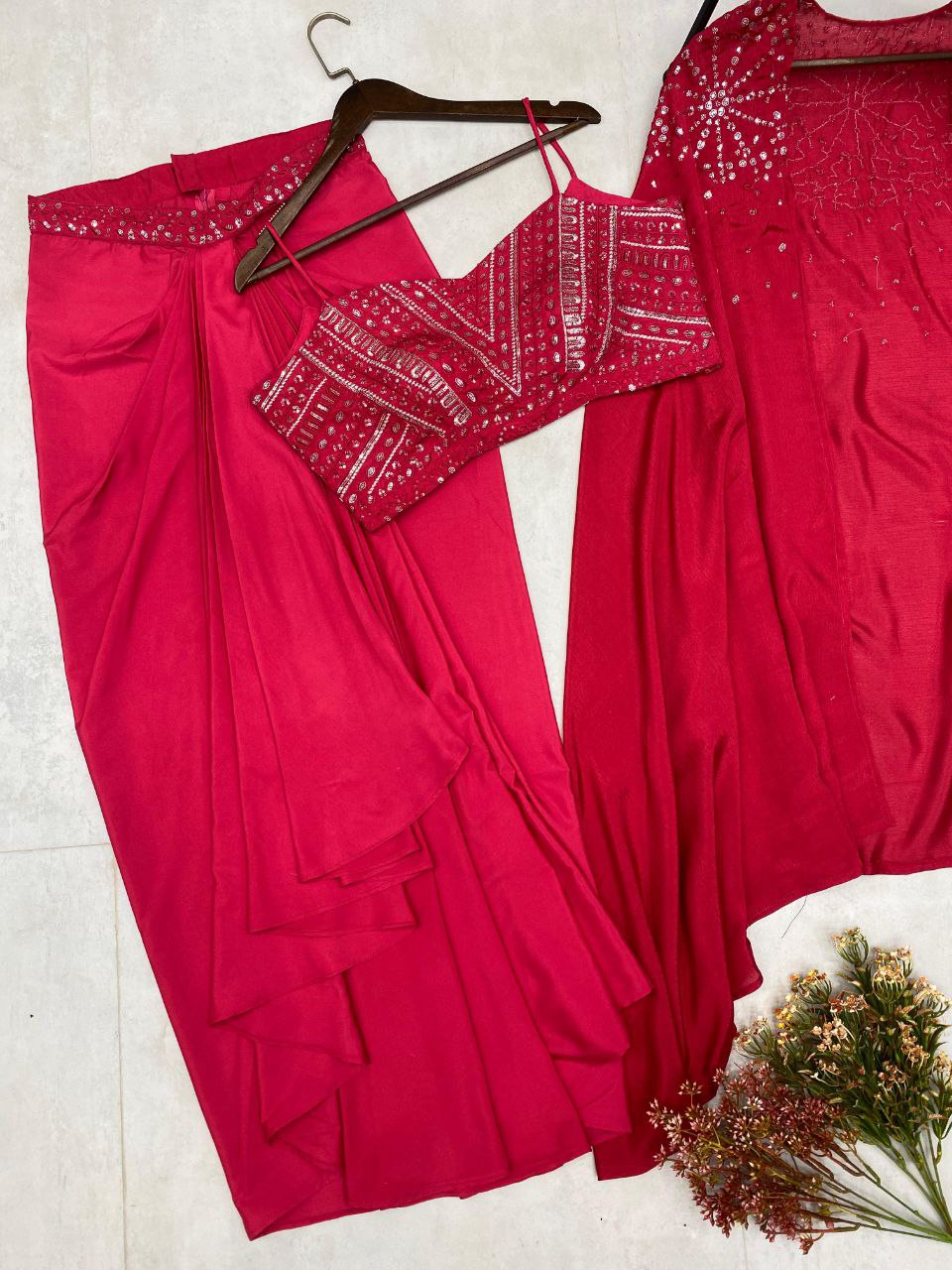 Trendy Wedding Season Three-Piece French Silk Western Outfit: Tube Blouse, Draped Skirt & Shrug