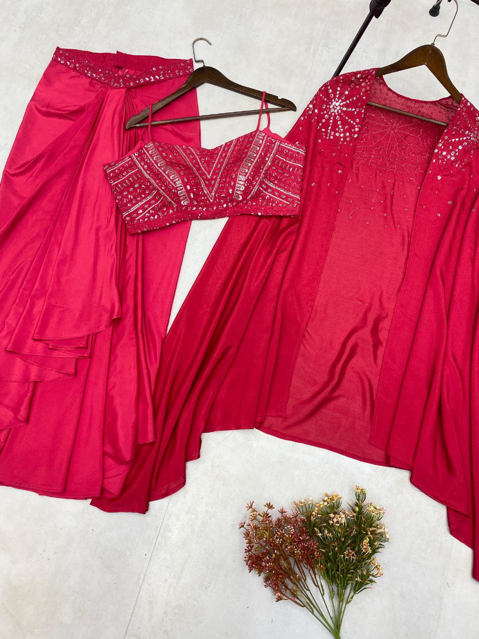 Trendy Wedding Season Three-Piece French Silk Western Outfit: Tube Blouse, Draped Skirt & Shrug