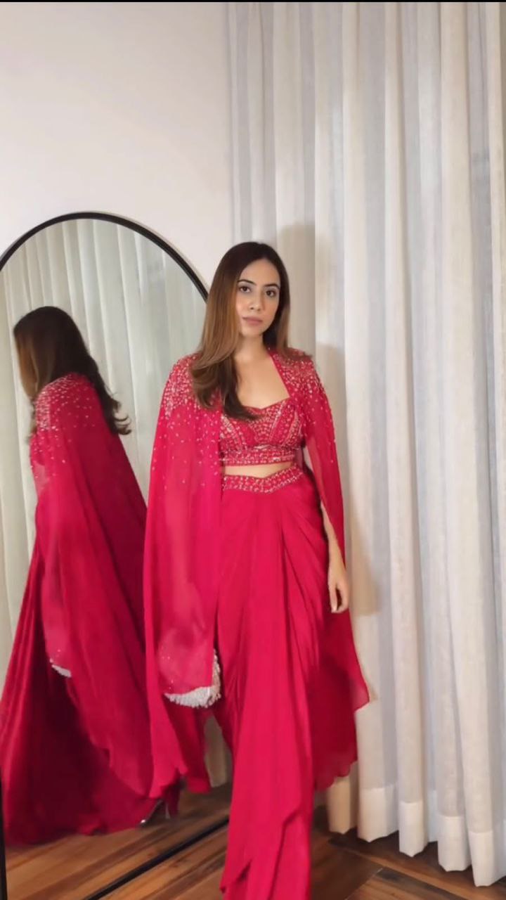 Trendy Wedding Season Three-Piece French Silk Western Outfit: Tube Blouse, Draped Skirt & Shrug