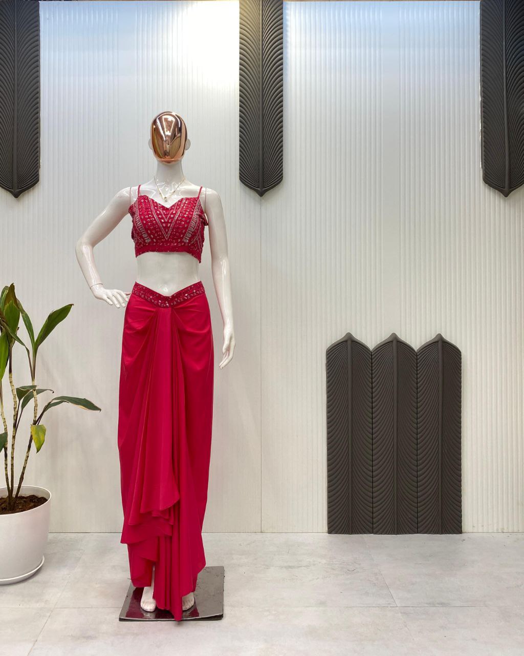 Trendy Wedding Season Three-Piece French Silk Western Outfit: Tube Blouse, Draped Skirt & Shrug