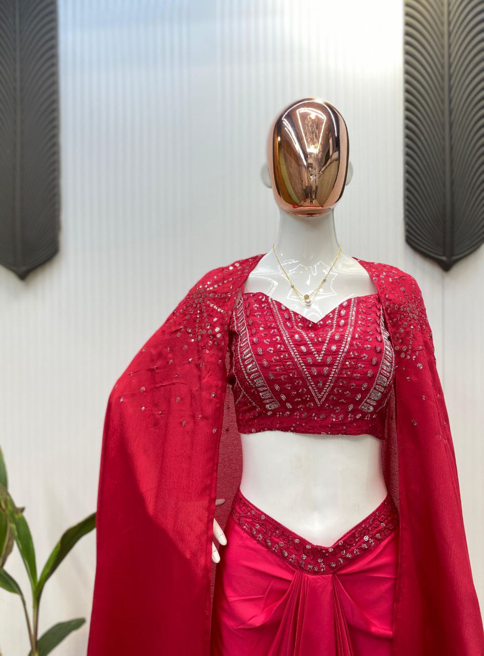 Trendy Wedding Season Three-Piece French Silk Western Outfit: Tube Blouse, Draped Skirt & Shrug