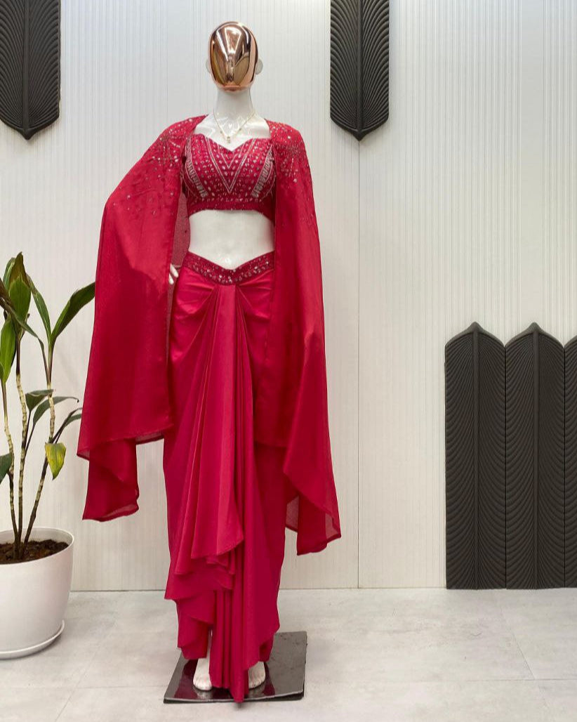 Trendy Wedding Season Three-Piece French Silk Western Outfit: Tube Blouse, Draped Skirt & Shrug