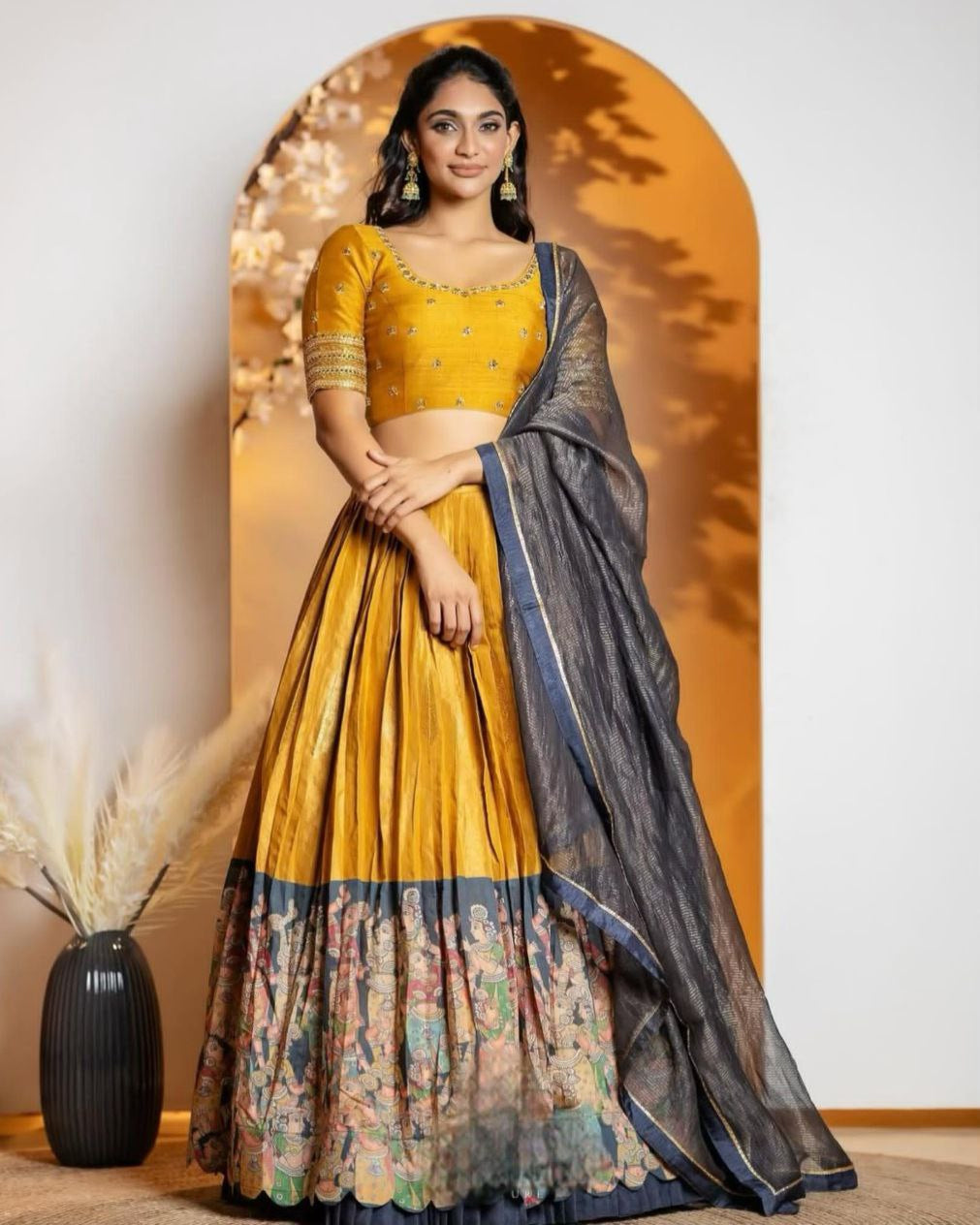 Party Wear Kalamkari Printed Tissue Jari Lehenga Choli Set with Embroidered Dupatta