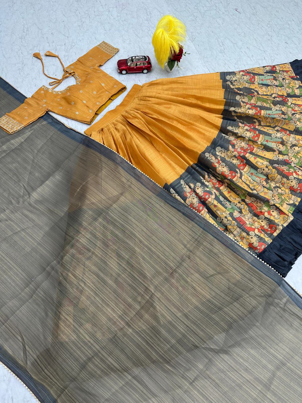 Party Wear Kalamkari Printed Tissue Jari Lehenga Choli Set with Embroidered Dupatta