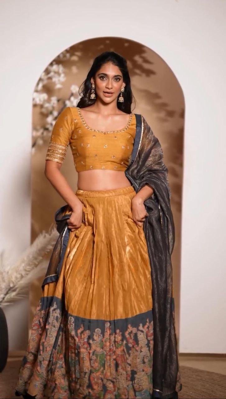 Party Wear Kalamkari Printed Tissue Jari Lehenga Choli Set with Embroidered Dupatta