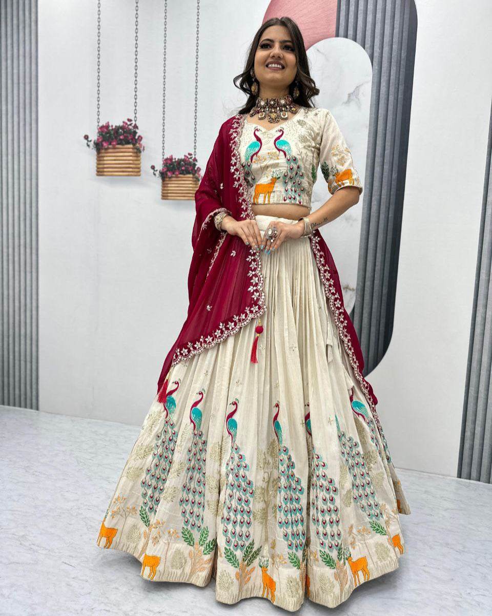 Wedding Wear Tissue Silk Lehenga Choli with Heavy Embroidery & Dupatta