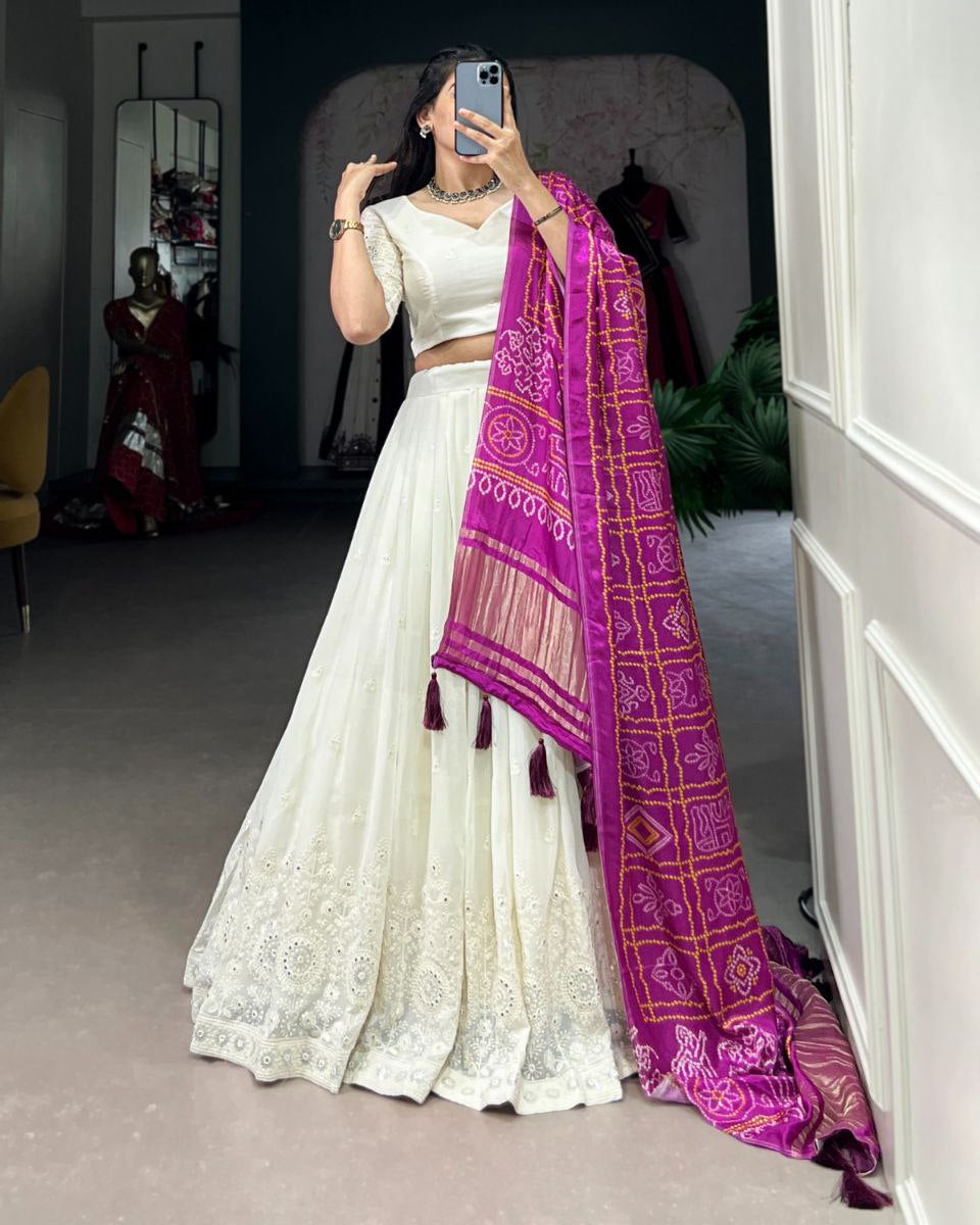 Lucknowi Paper Mirror Work Georgette Lehenga Choli with Gaji Silk Dupatta