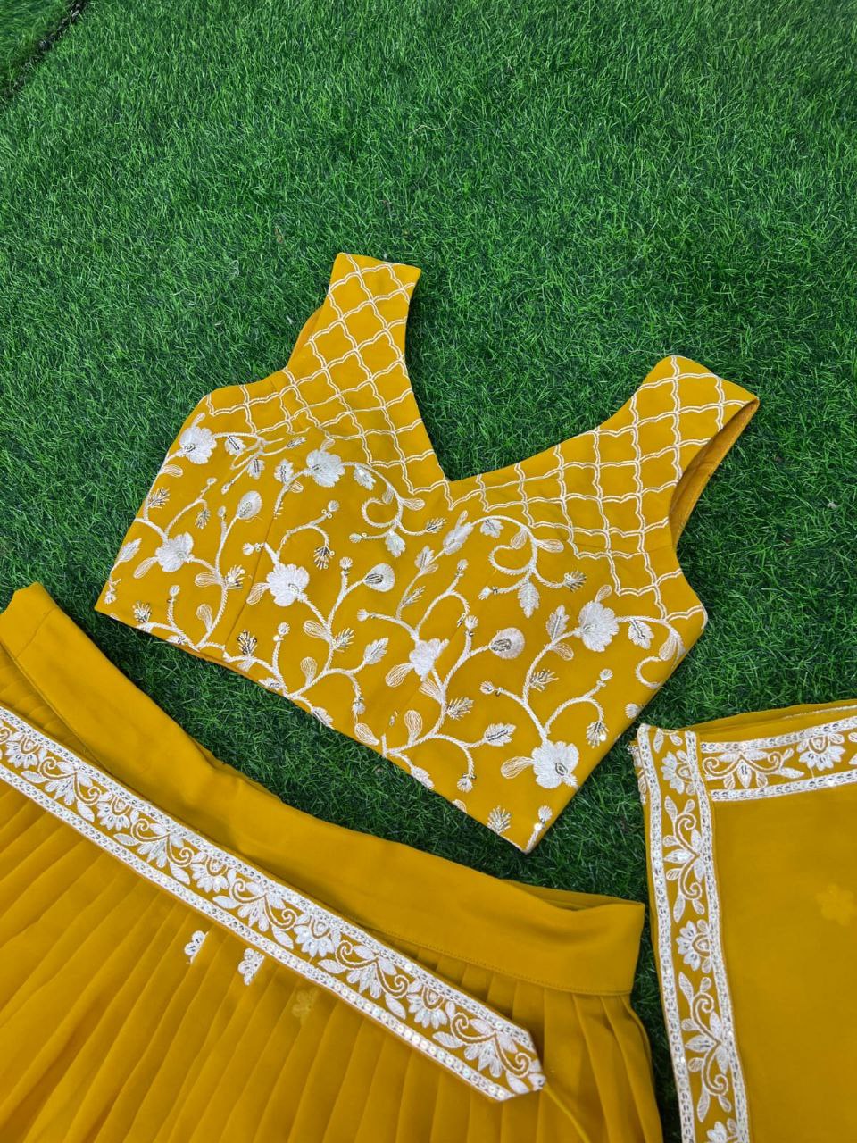 Premium Georgette Perl Lehenga with Embroidered Dupatta & Unstitched Blouse in Purple & Yellow