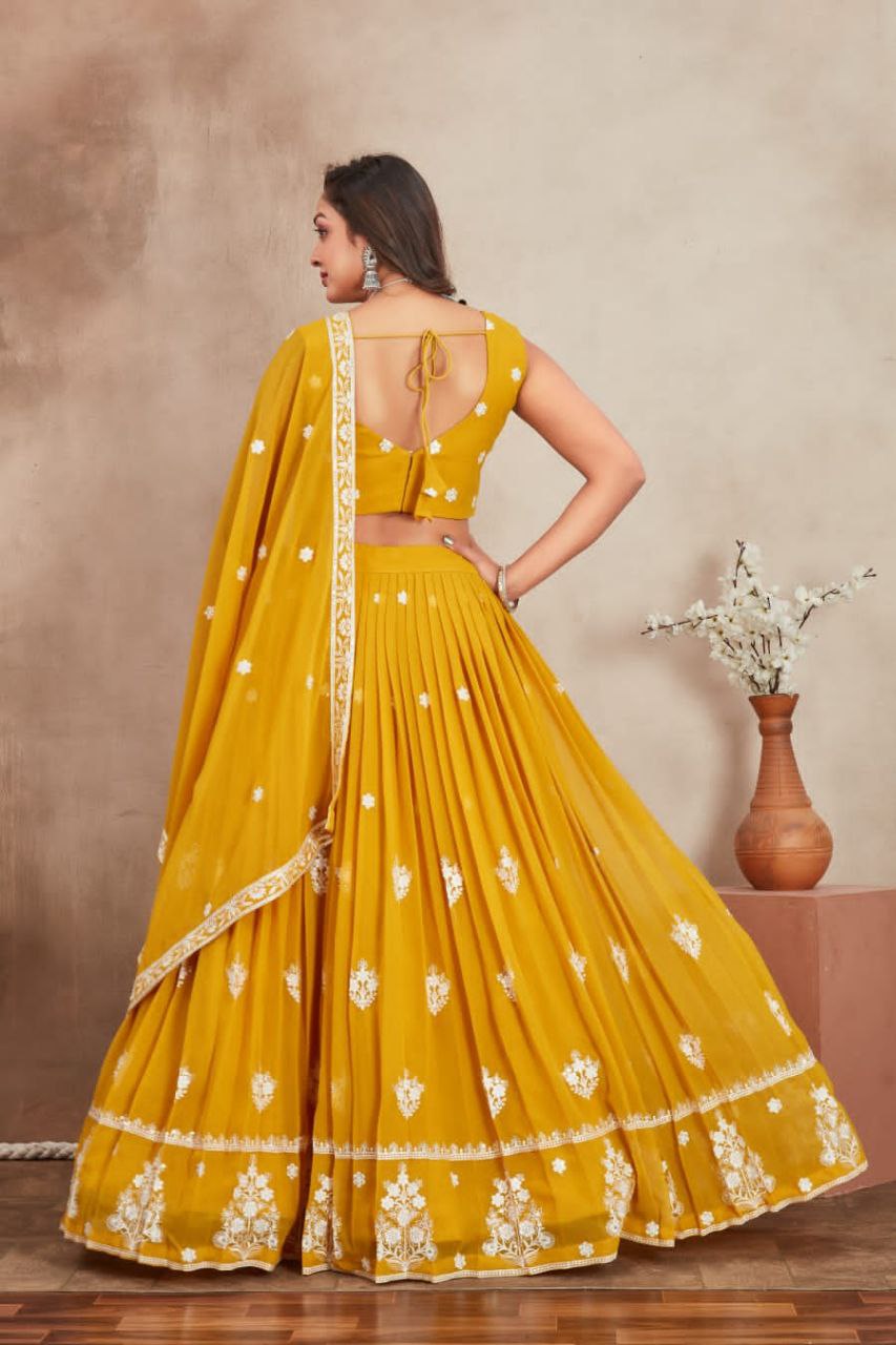 Premium Georgette Perl Lehenga with Embroidered Dupatta & Unstitched Blouse in Purple & Yellow