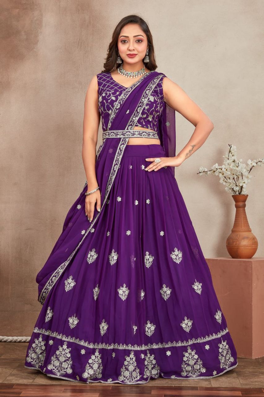 Premium Georgette Perl Lehenga with Embroidered Dupatta & Unstitched Blouse in Purple & Yellow
