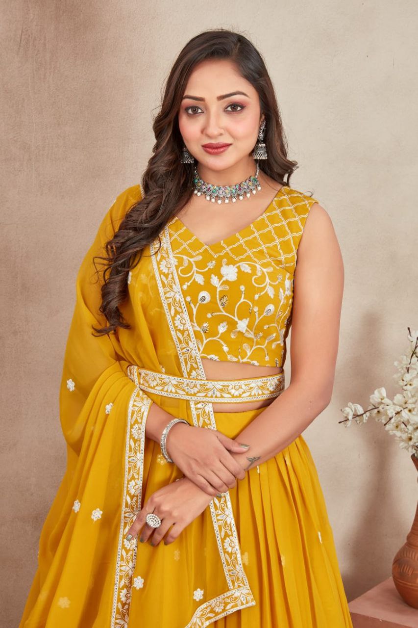 Premium Georgette Perl Lehenga with Embroidered Dupatta & Unstitched Blouse in Purple & Yellow