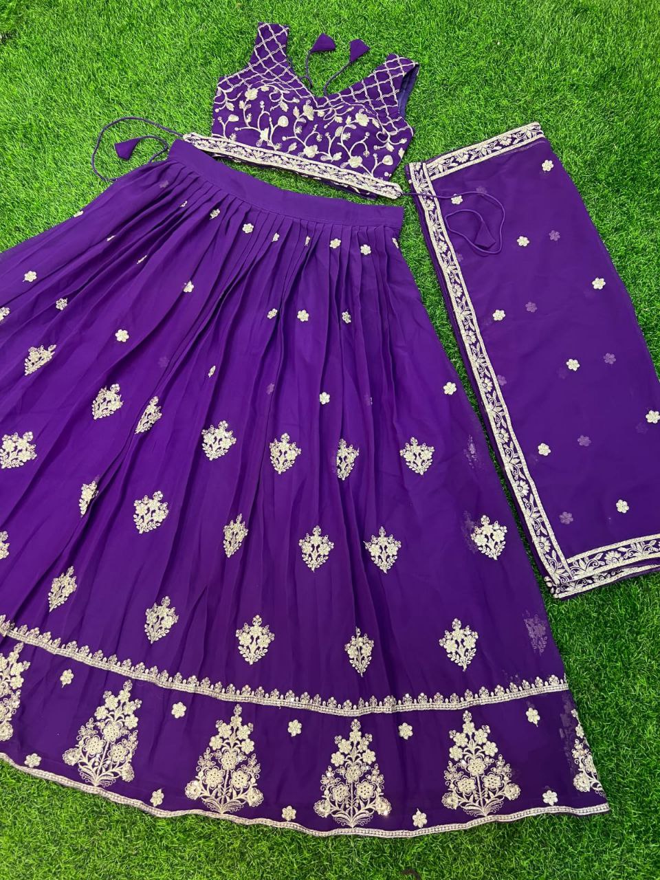Premium Georgette Perl Lehenga with Embroidered Dupatta & Unstitched Blouse in Purple & Yellow