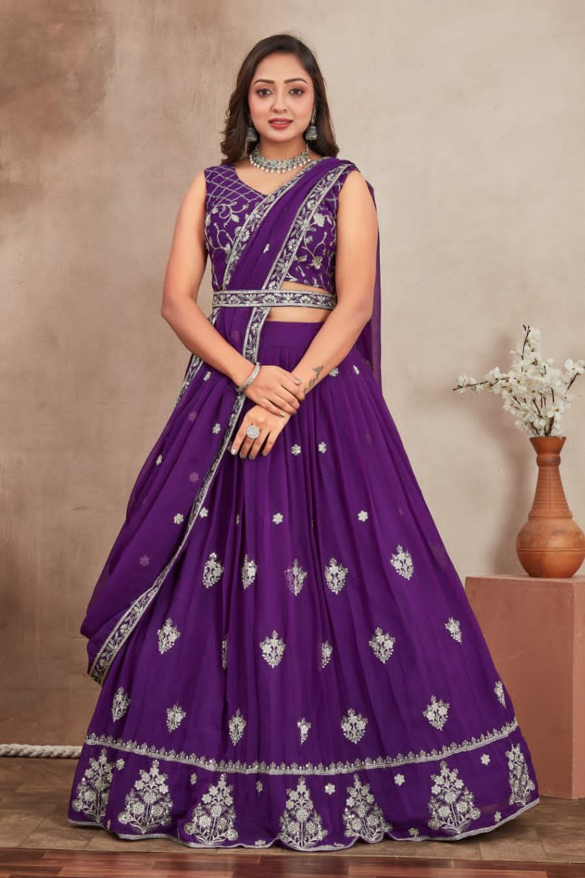 Premium Georgette Perl Lehenga with Embroidered Dupatta & Unstitched Blouse in Purple & Yellow