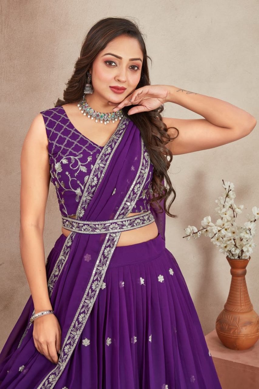 Premium Georgette Perl Lehenga with Embroidered Dupatta & Unstitched Blouse in Purple & Yellow