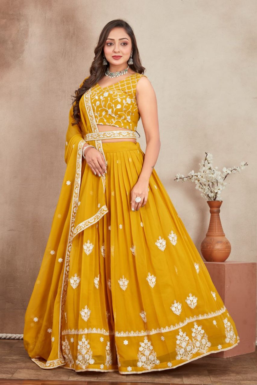 Premium Georgette Perl Lehenga with Embroidered Dupatta & Unstitched Blouse in Purple & Yellow