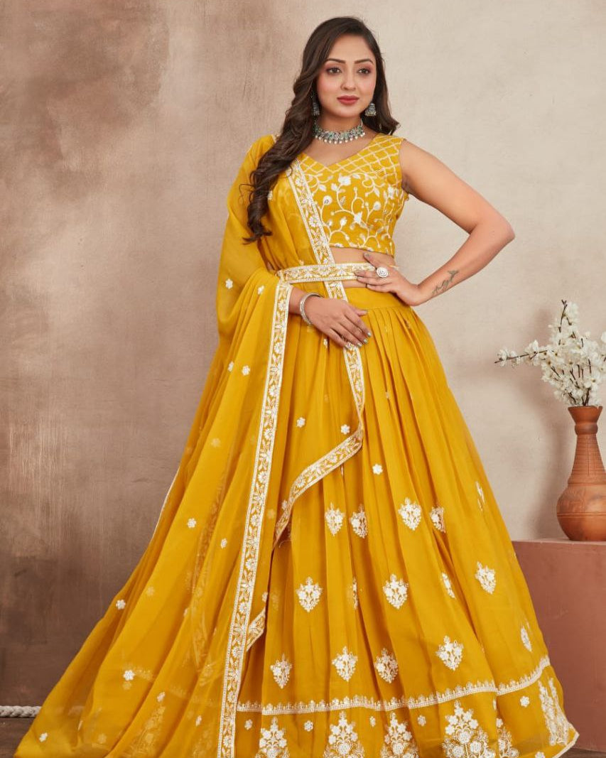 Premium Georgette Perl Lehenga with Embroidered Dupatta & Unstitched Blouse in Purple & Yellow