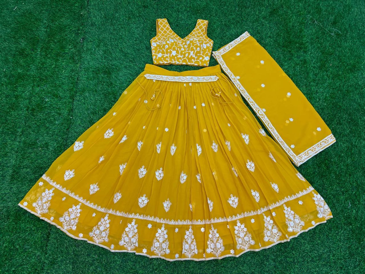 Premium Georgette Perl Lehenga with Embroidered Dupatta & Unstitched Blouse in Purple & Yellow