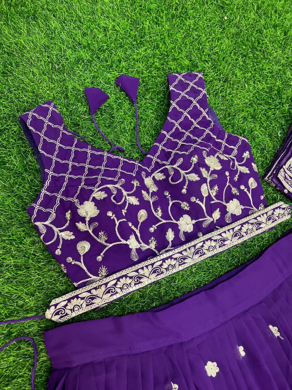 Premium Georgette Perl Lehenga with Embroidered Dupatta & Unstitched Blouse in Purple & Yellow
