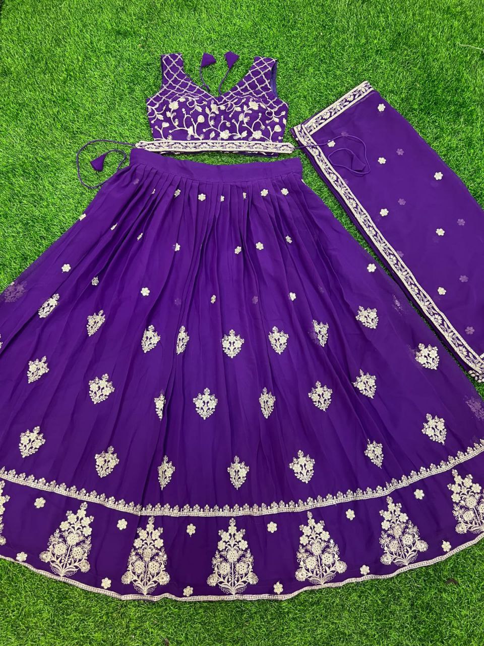 Premium Georgette Perl Lehenga with Embroidered Dupatta & Unstitched Blouse in Purple & Yellow