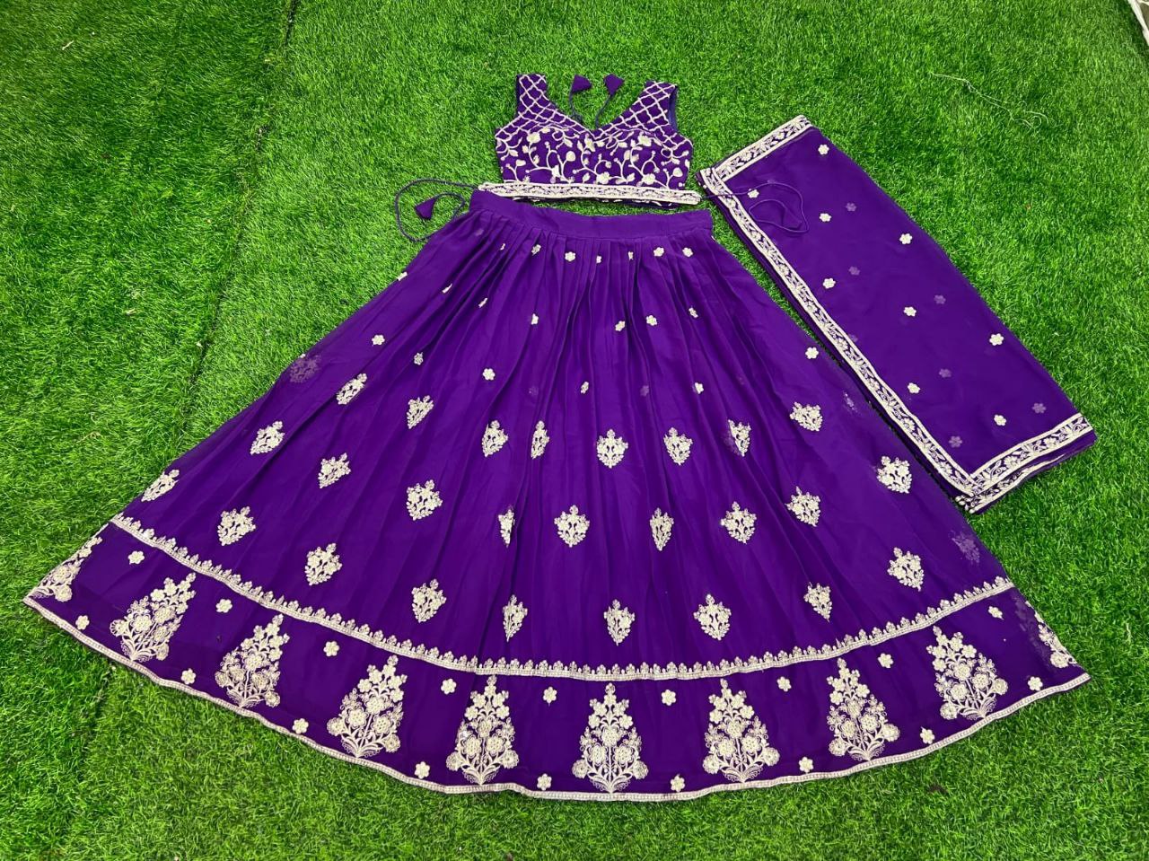 Premium Georgette Perl Lehenga with Embroidered Dupatta & Unstitched Blouse in Purple & Yellow