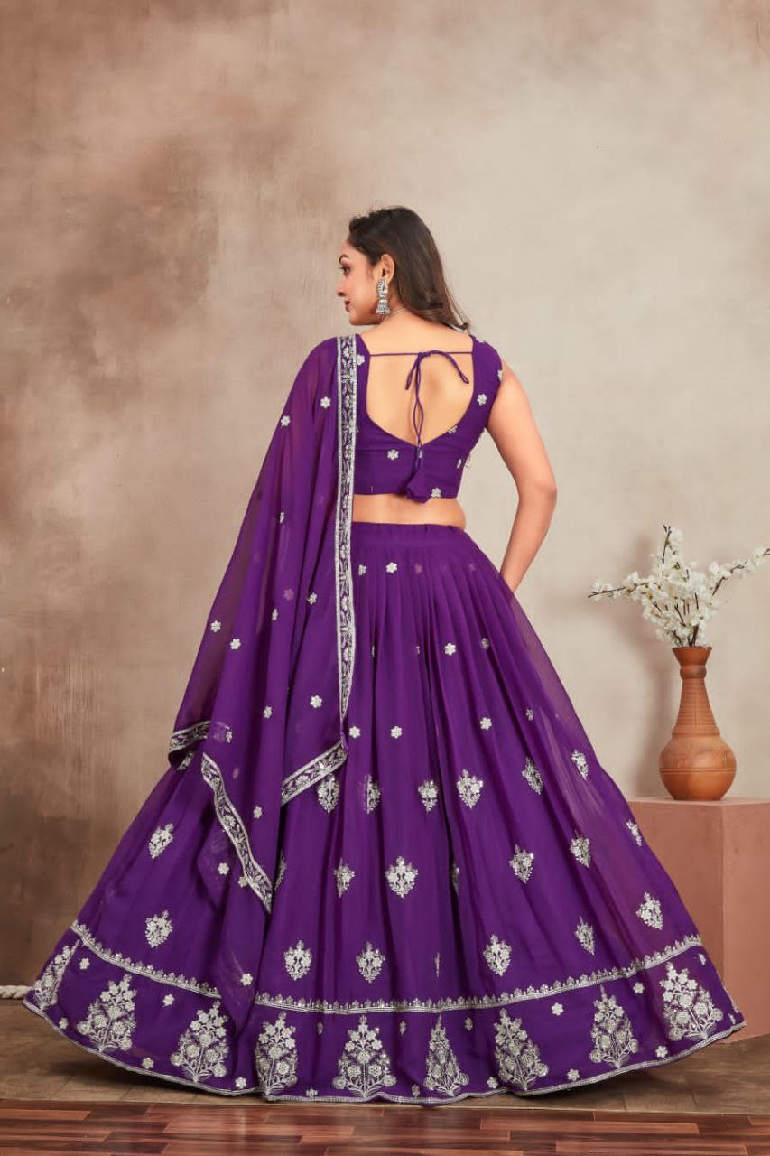 Premium Georgette Perl Lehenga with Embroidered Dupatta & Unstitched Blouse in Purple & Yellow