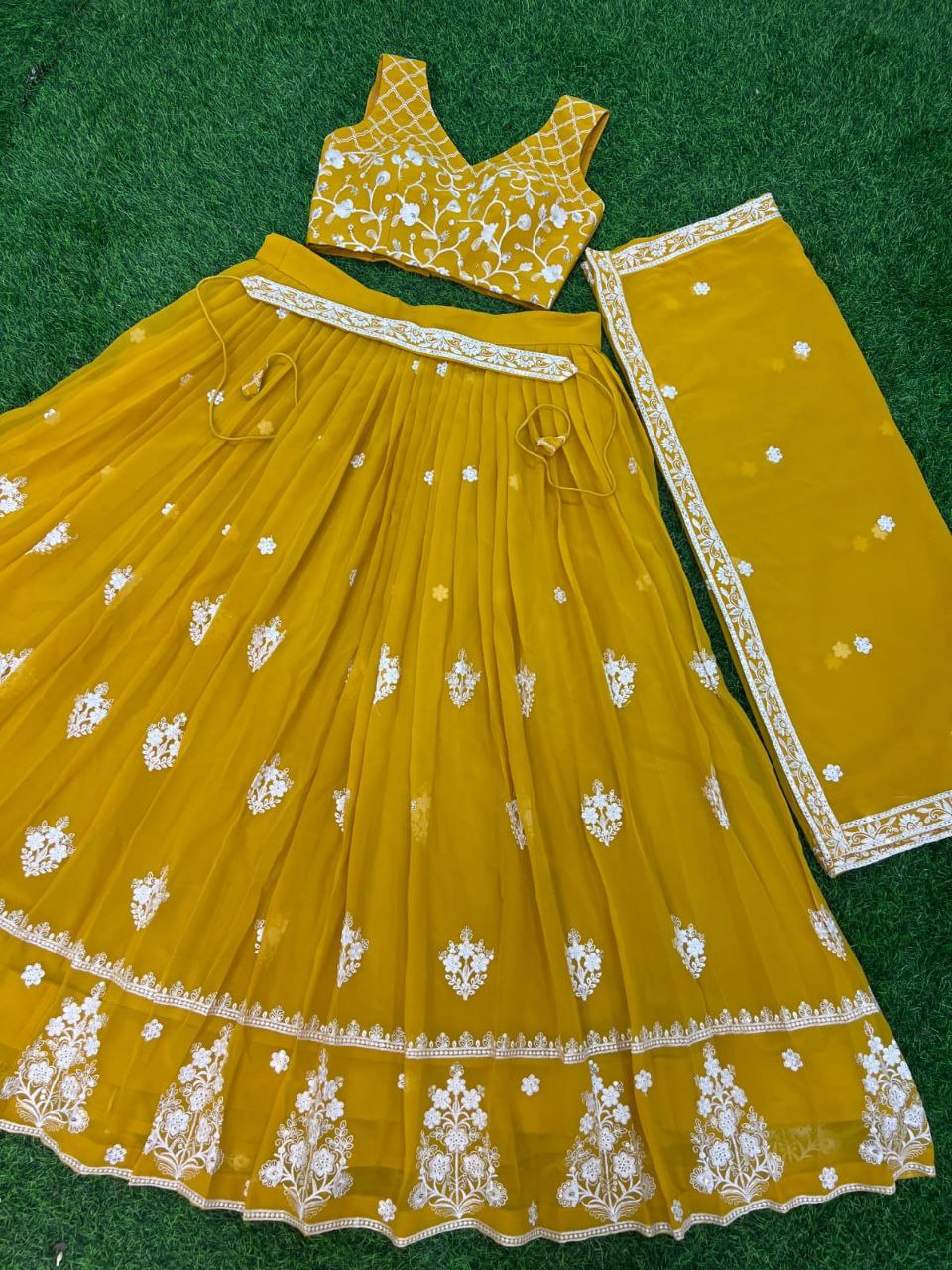 Premium Georgette Perl Lehenga with Embroidered Dupatta & Unstitched Blouse in Purple & Yellow